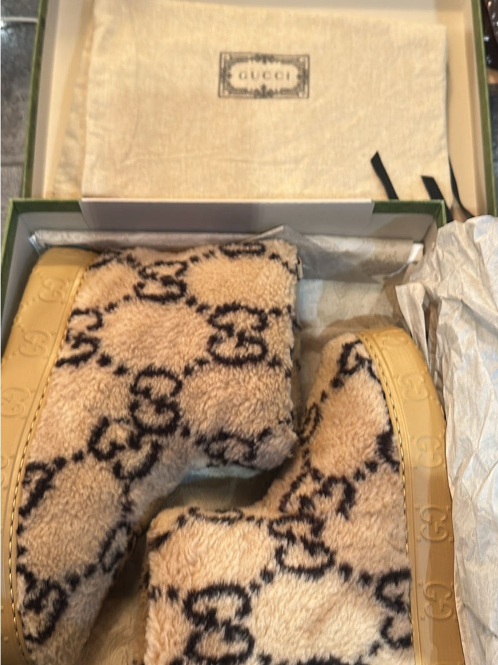 Gucci Beige Shearling GG Monogram Slide Sandals with Brown Logo